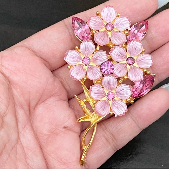 Vintage Unsigned Pink Rhinestones Flower Bouquet Brooch - Picture 7 of 15